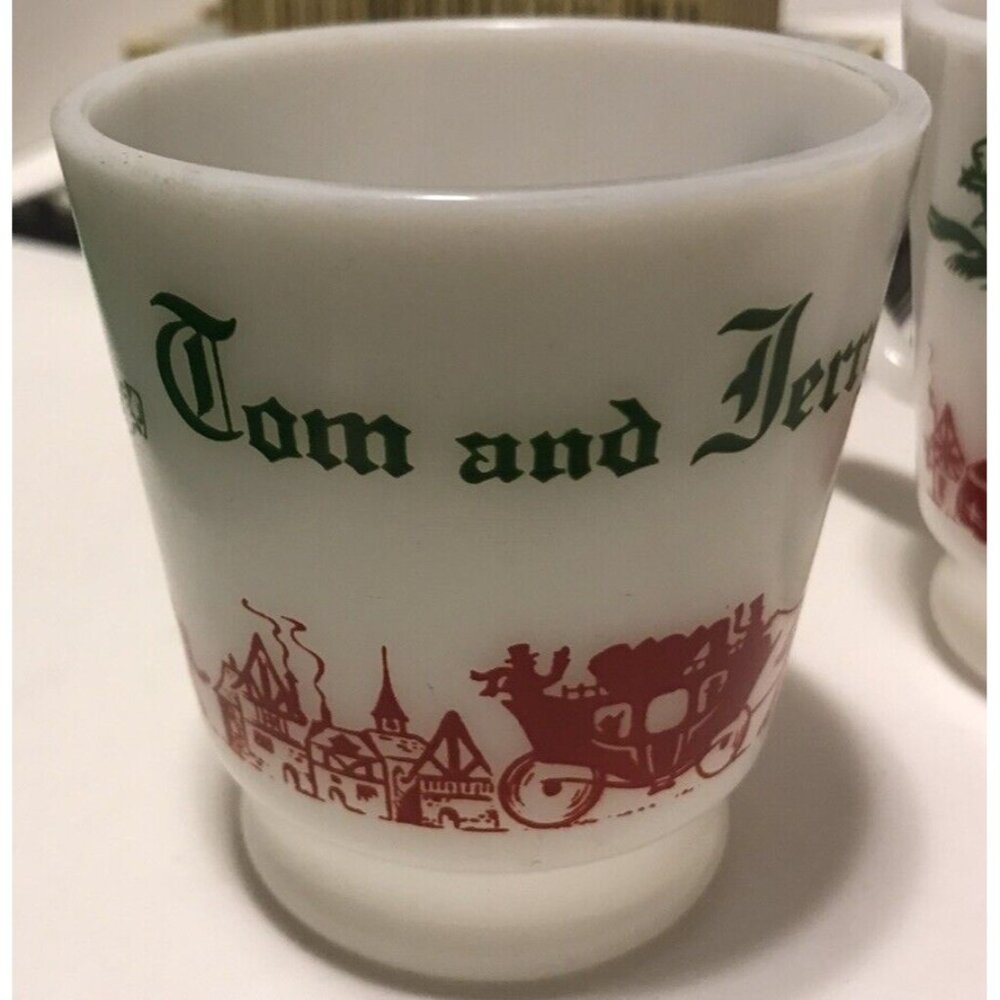 Vintage Tom & Jerry Mugs Cups Christmas Eggnog Footed Handled Milk Glass x2